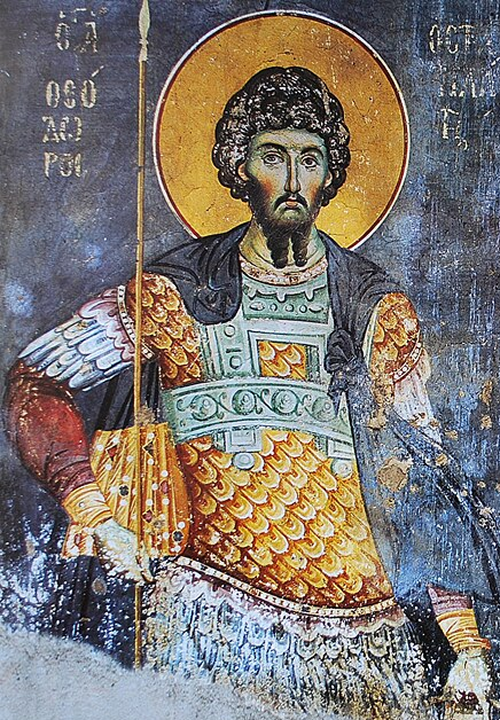 Saint Theodore Stratelates, painting by Manuel Panselinos between 1290 and 1310, Protaton Church in Karyes, Athos