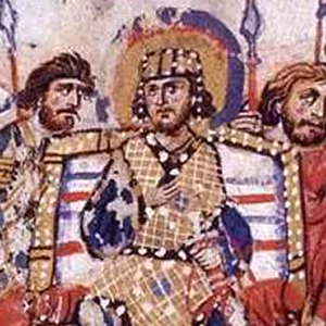 Iconoclastic Emperor Theophilos on his throne with his guards and courts, Madrid Skylitzes manuscript, 12th century