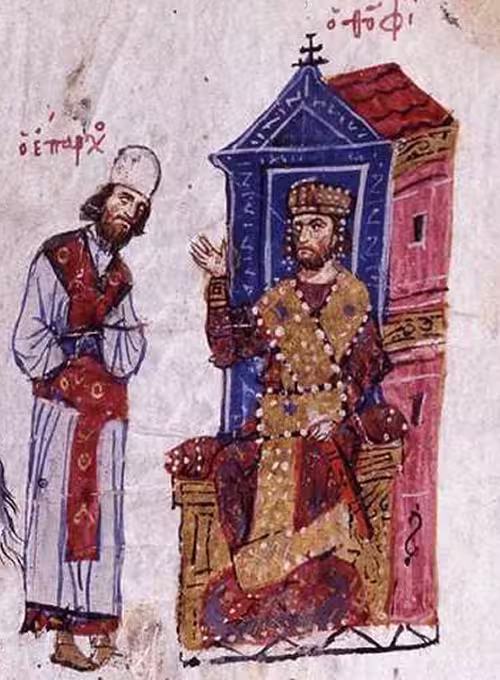Patriarch of Constantinople John VII Grammatikos and Emperor Theophilos, both iconoclasm supporters, depicted in the Madrid Skylitzes, 12th century